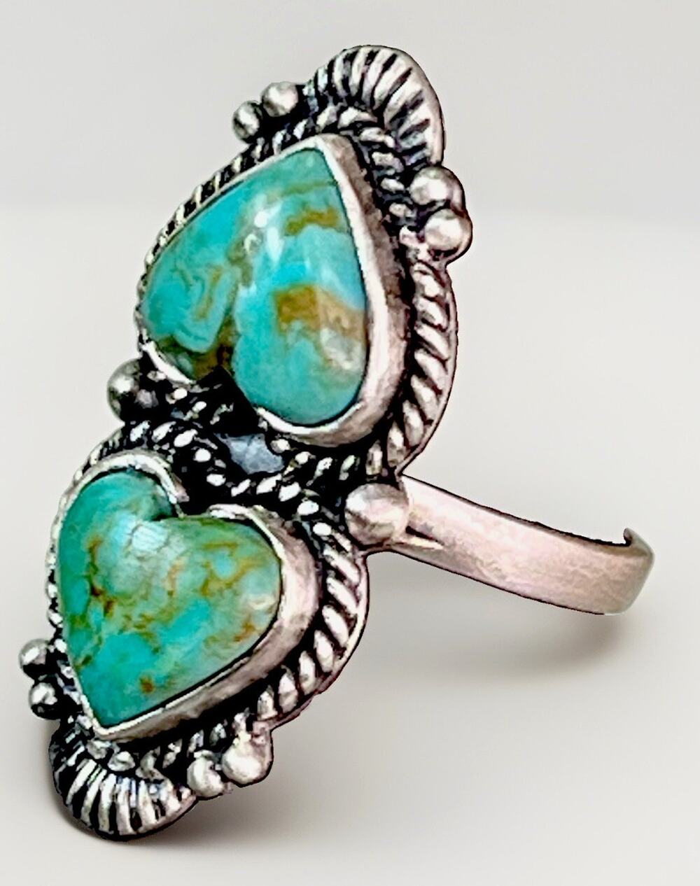 Double Heart Kingman Turquoise 925 Sterling Silver Statement Ring Adjust Sz